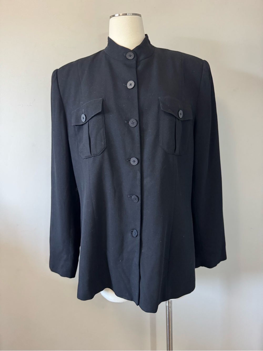 Black Women's Button-Front Jacket with Mandarin Collar Size 16